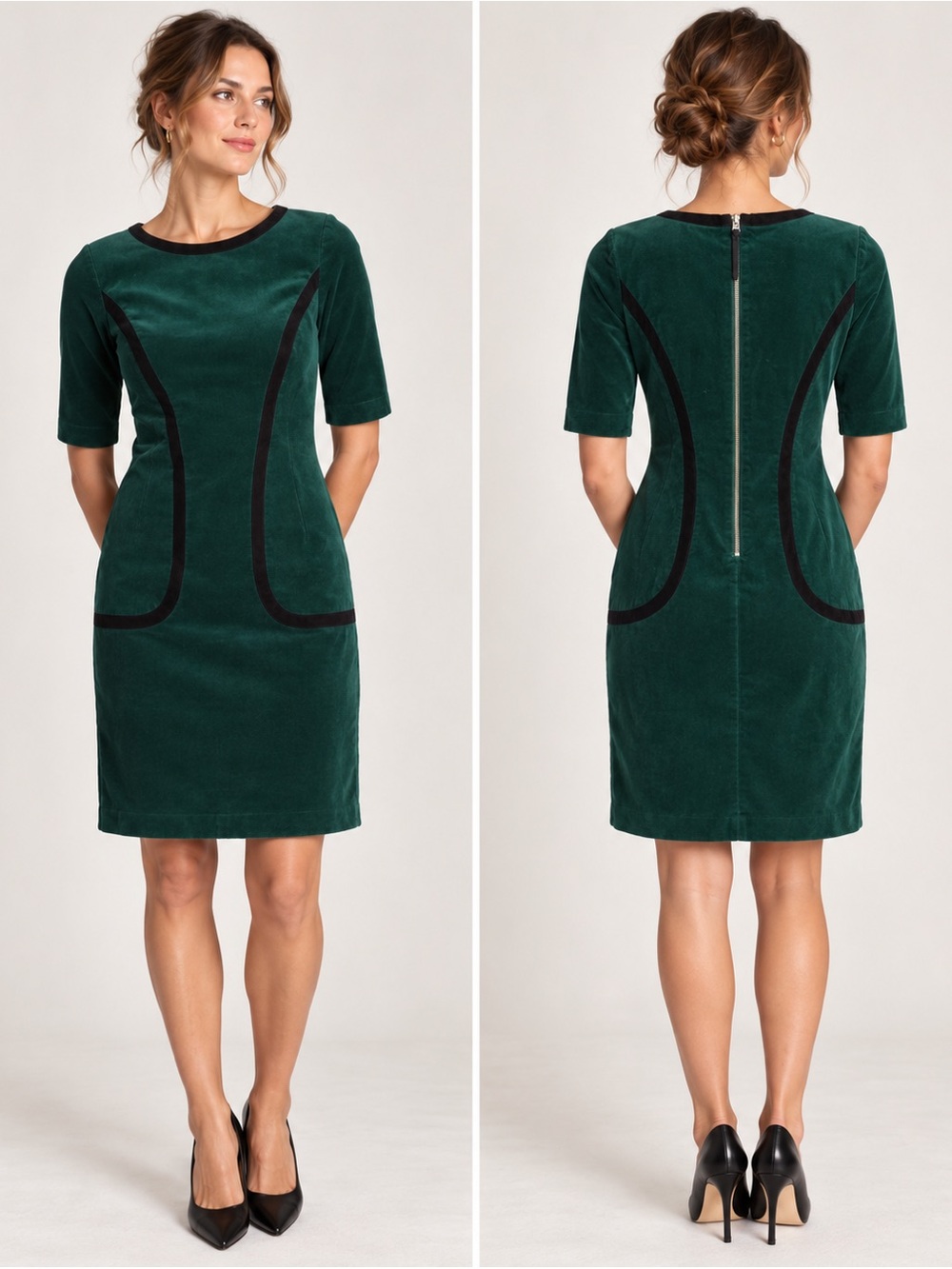 Boden Thelma Corduroy Dress US 6R Emerald Green Black Trim Pockets